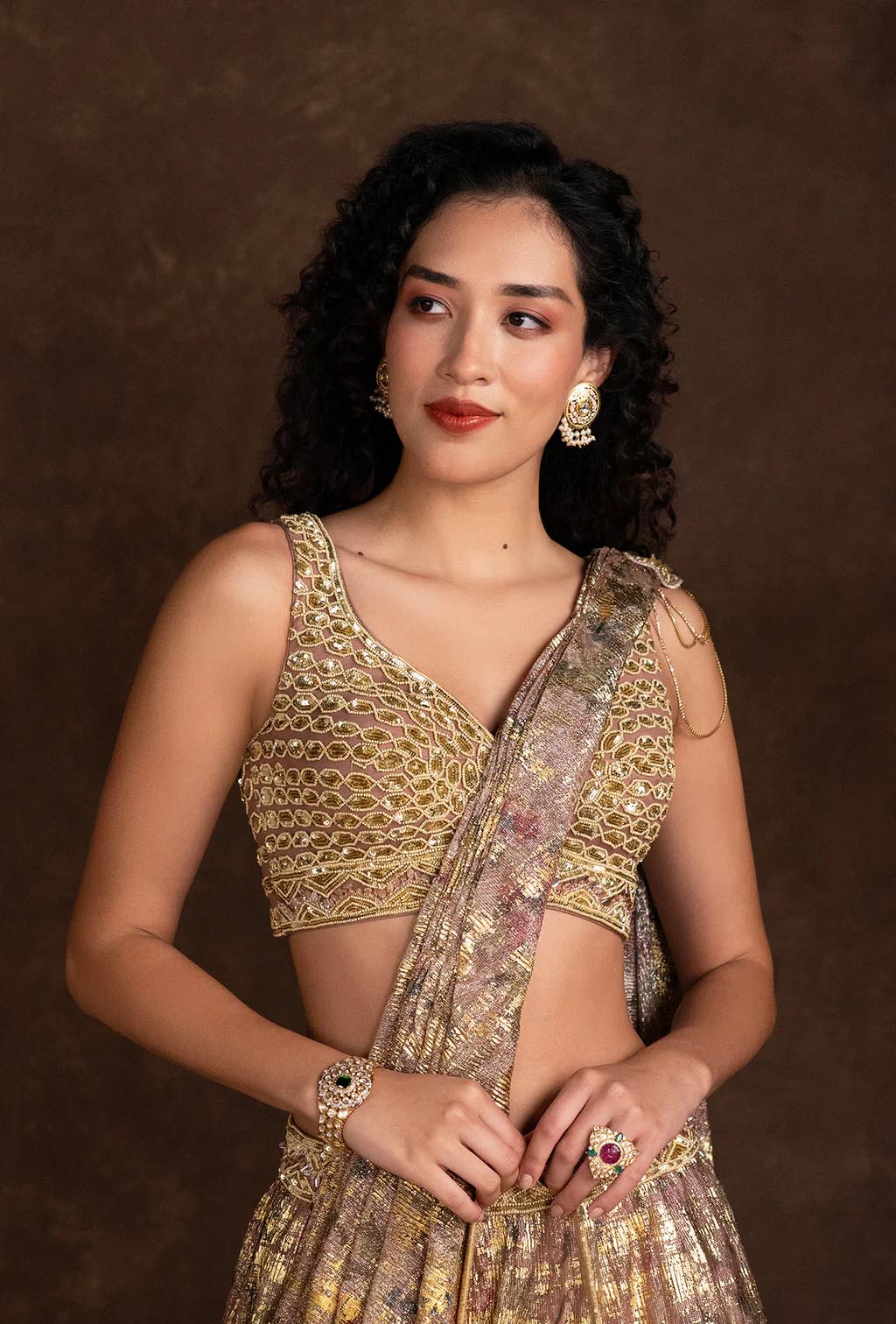 Clover Marble Effect Lilac and Golden Choli and Attached Dupatta Lehenga Set