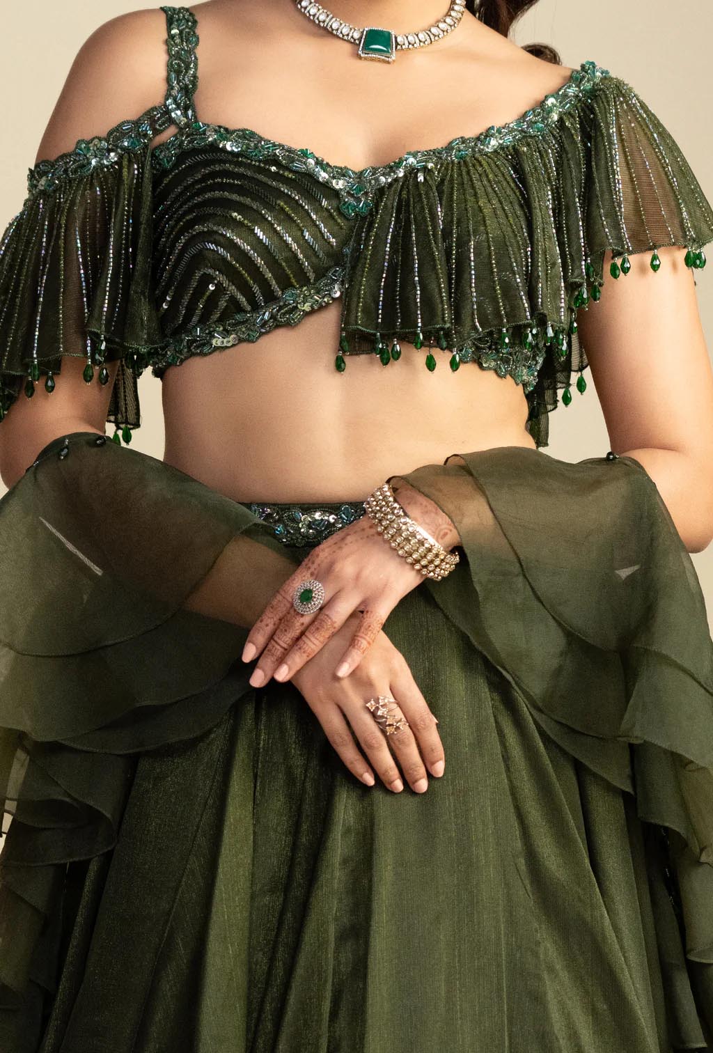 Pine Dark Olive Green Asymmetrical Ruffled Blouse Lehenga Set