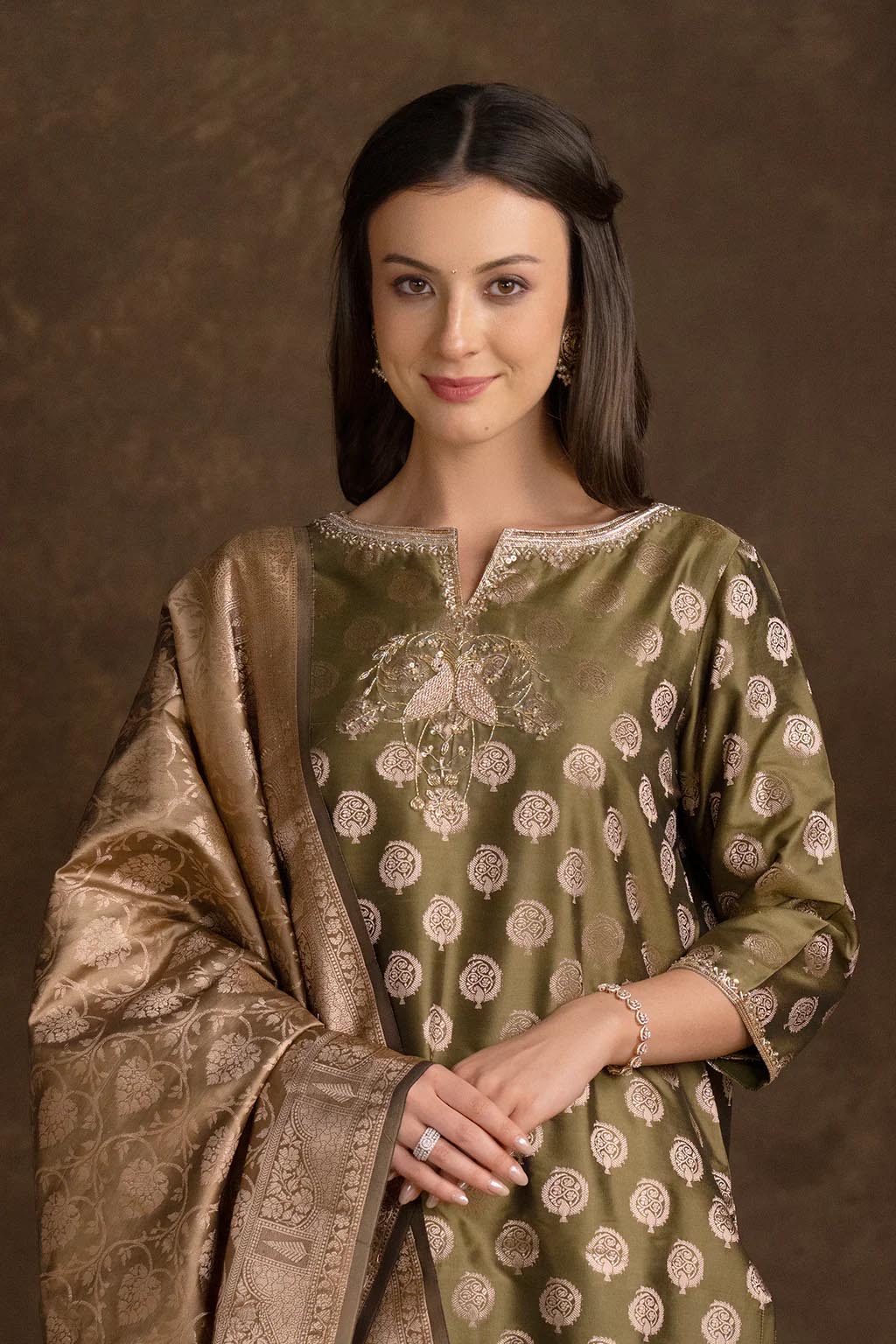 Olive Green Zari Motif Jewel Neck Kurta Set