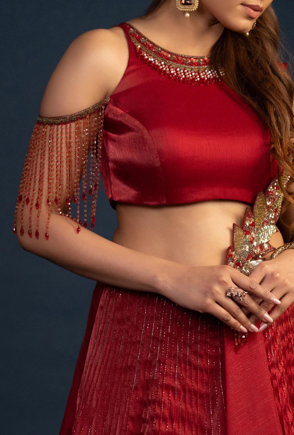 Cider Rust Red Embroidered Lehenga Set with Attached Dupatta