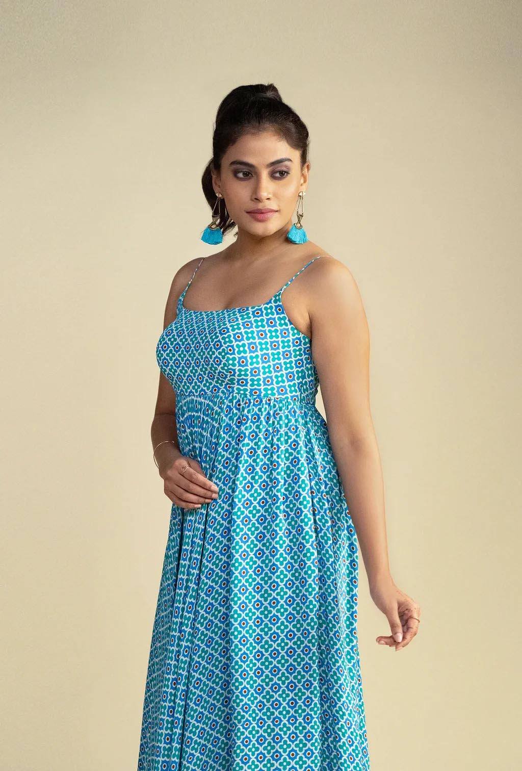 Spaghetti Sleeves Geometric Print Maxi Dress