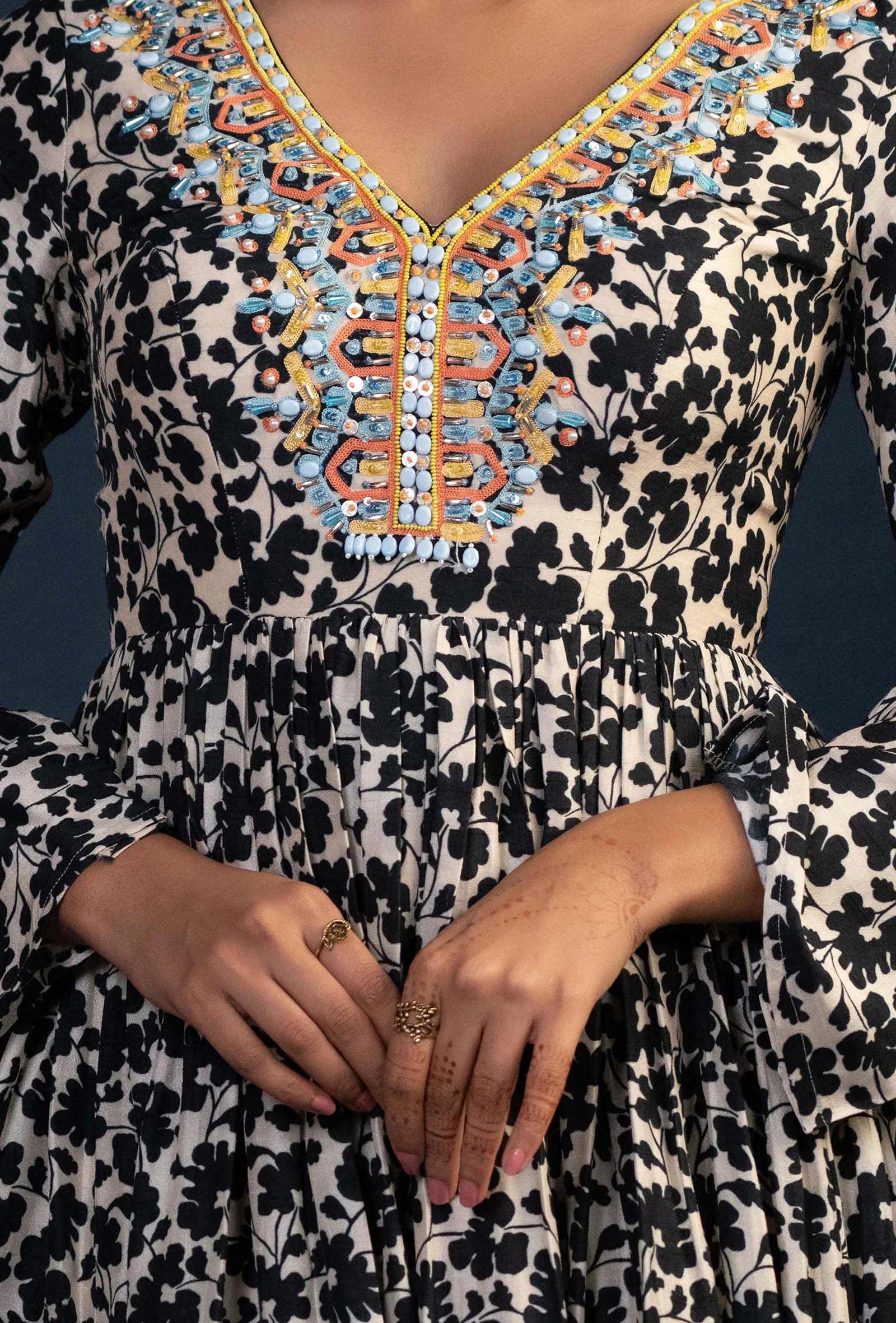 Black Floral Print Midi Dress