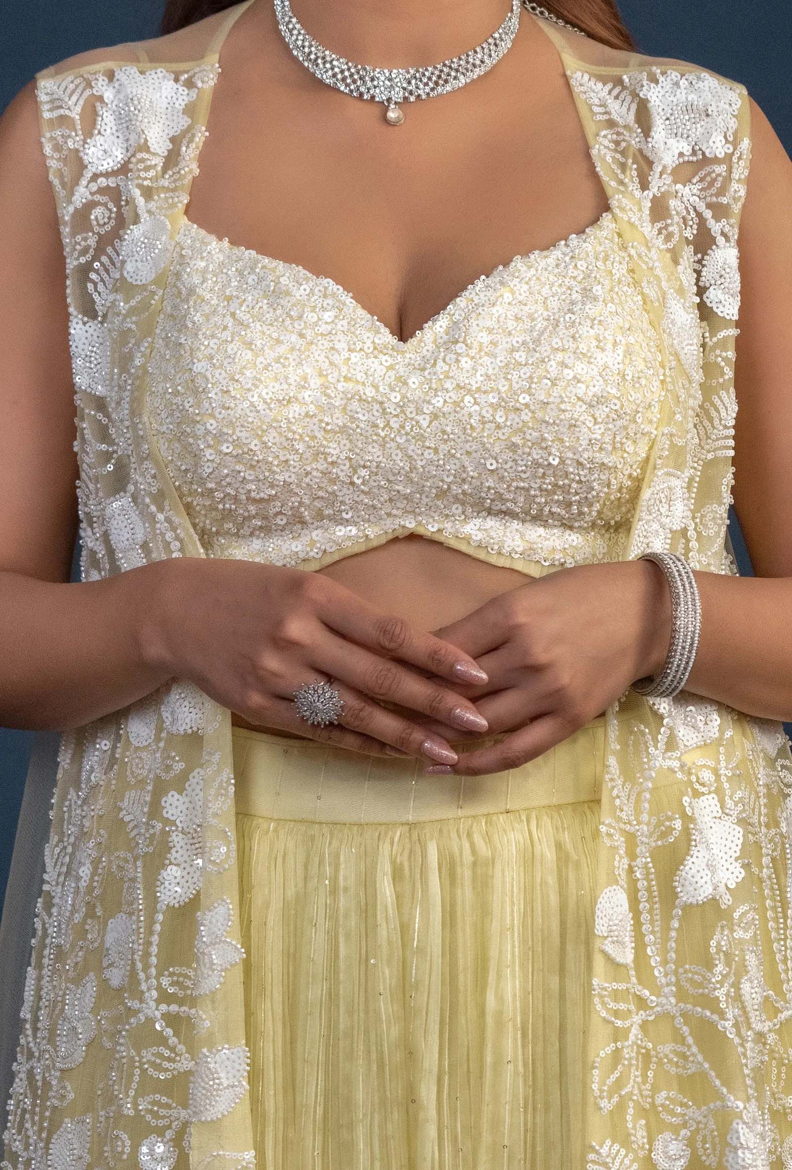 Irene Three piece Pastel Yellow Embroidered Lehenga Set