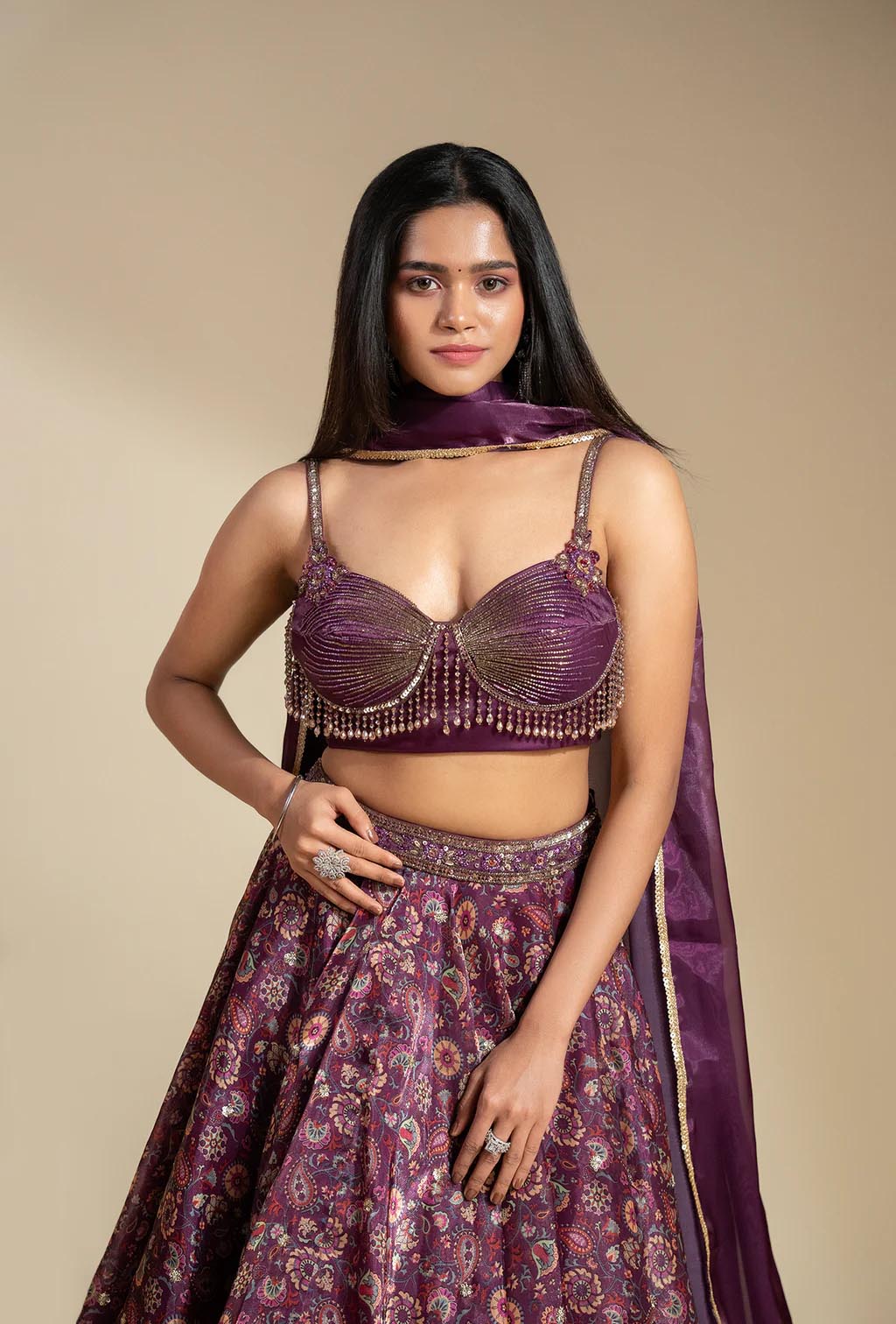 Elixir Wine Berry Glass Organza With Crystal Tassled Blouse Lehenga Set