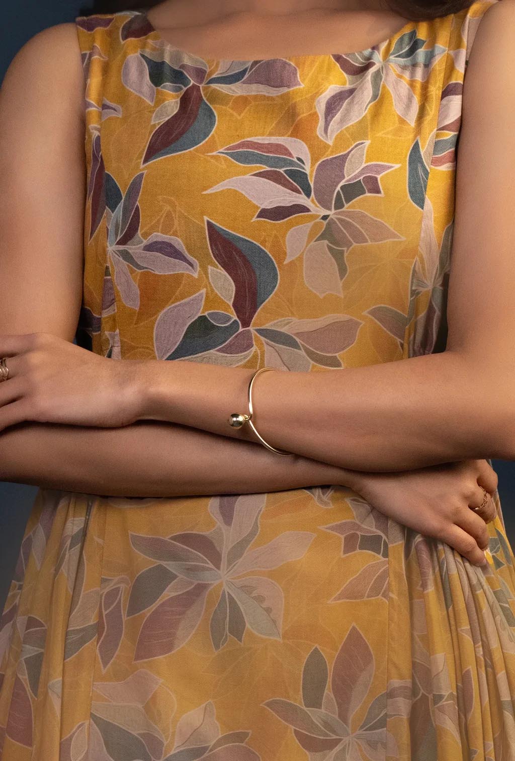 Ochre Floral Print Hip Pleated Midi Dress