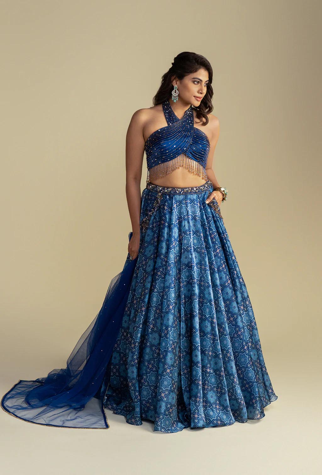 Aurelia Cobalt Blue Digitally Printed Lehenga Set with Halter Neckline