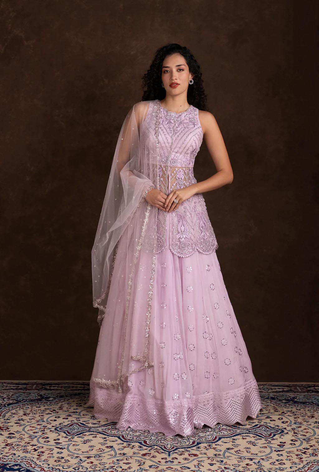 Aspen Lavender Jacket Blouse Mirror and Cut Dana Lehenga Set