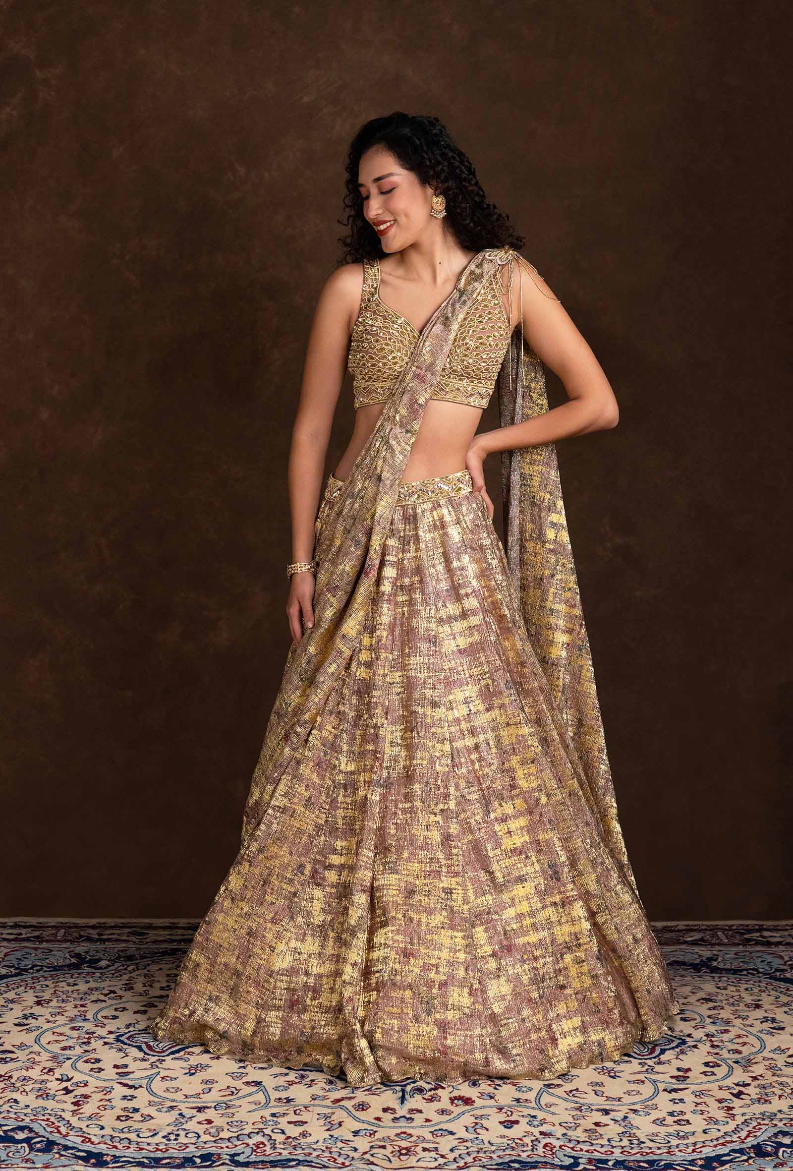Clover Marble Effect Lilac and Golden Choli and Attached Dupatta Lehenga Set