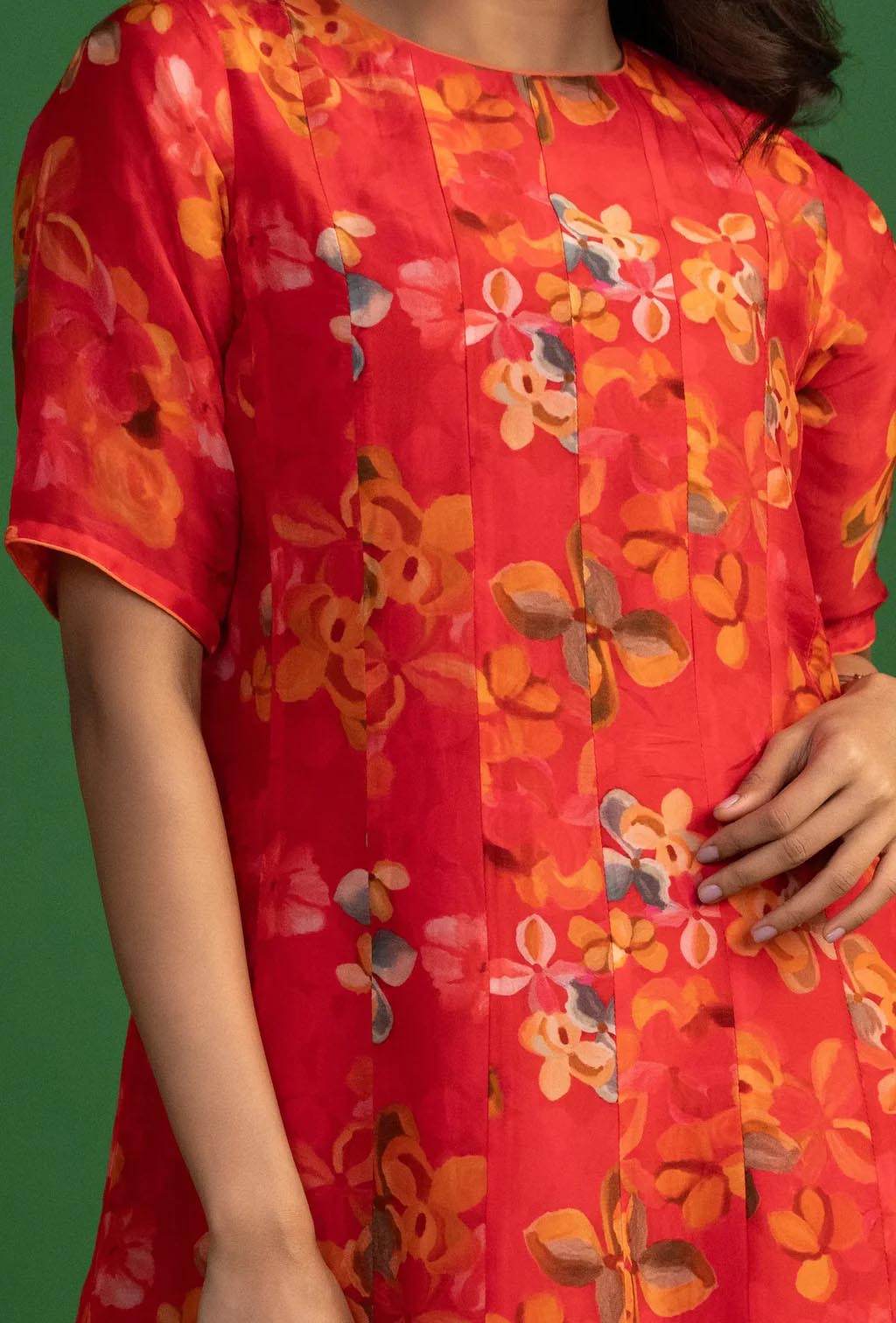 Coral Red & Orange Floral Print Kurta Set