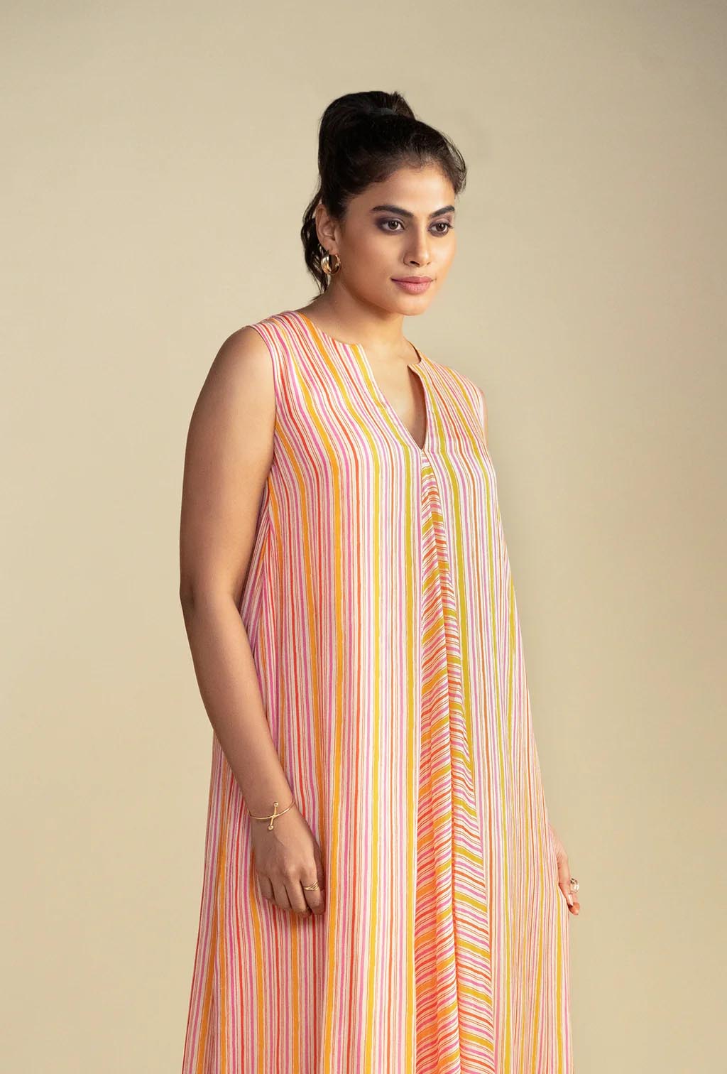 Salmon Pink Striped A-Line Dress