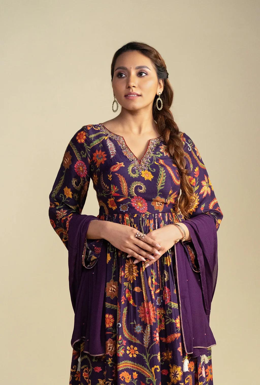 Purple Floral Silk Kurta & Palazzo Set
