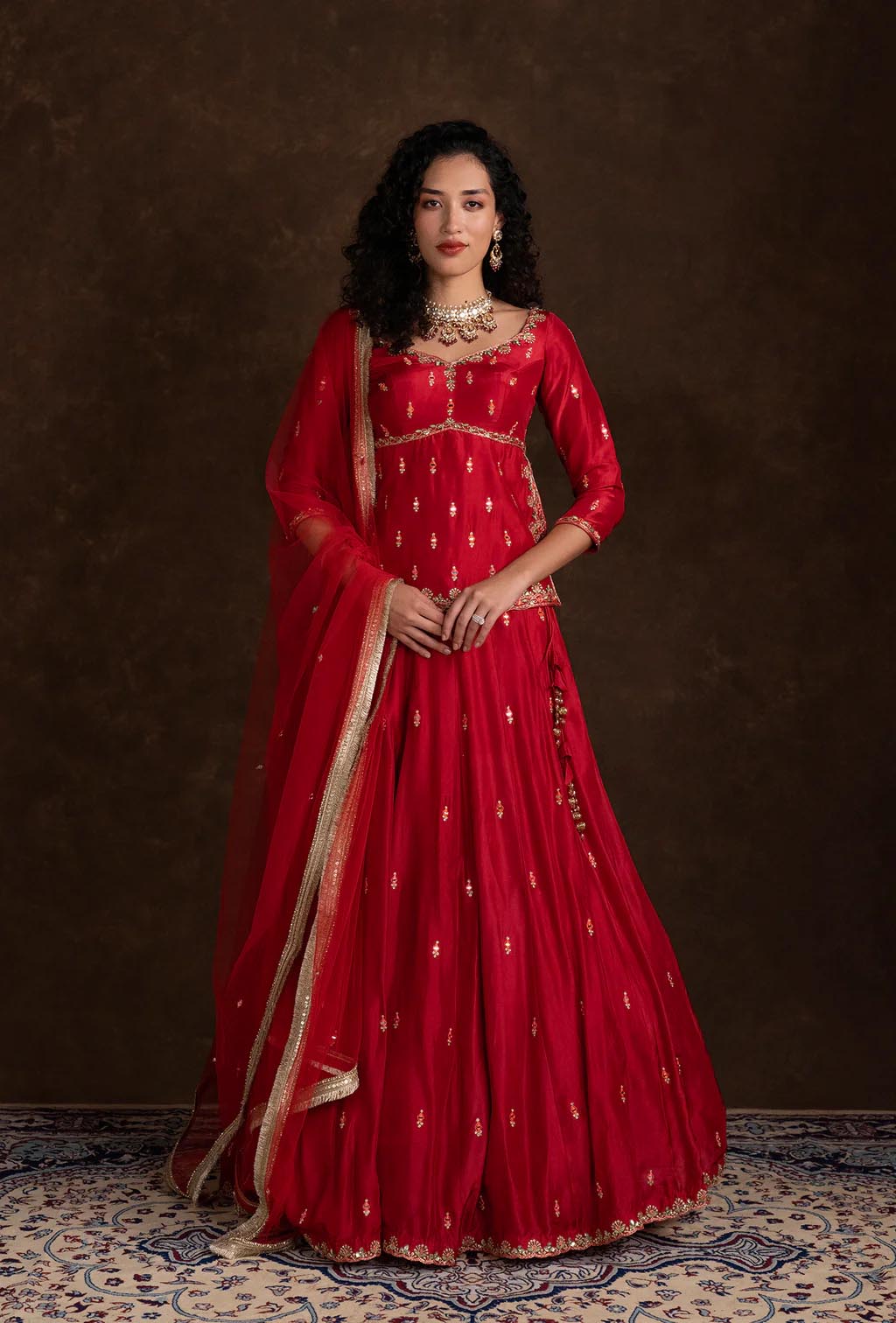 Raya Red Peplum Jacket Zariwork Lehenga Set with Net Dupatta