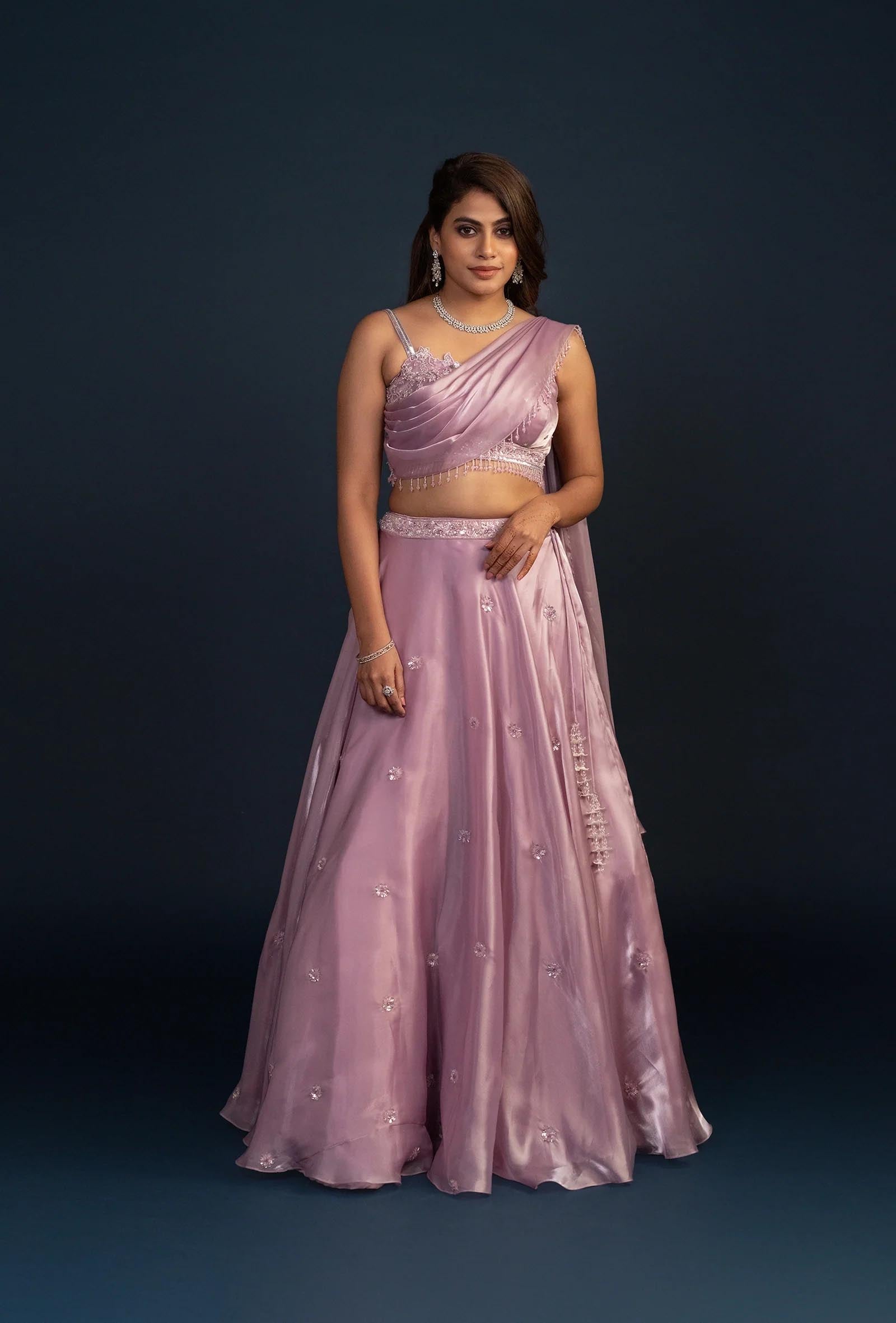 Sakura Lilac Glass Tissue Organza Lehenga Set with attached Dupatta