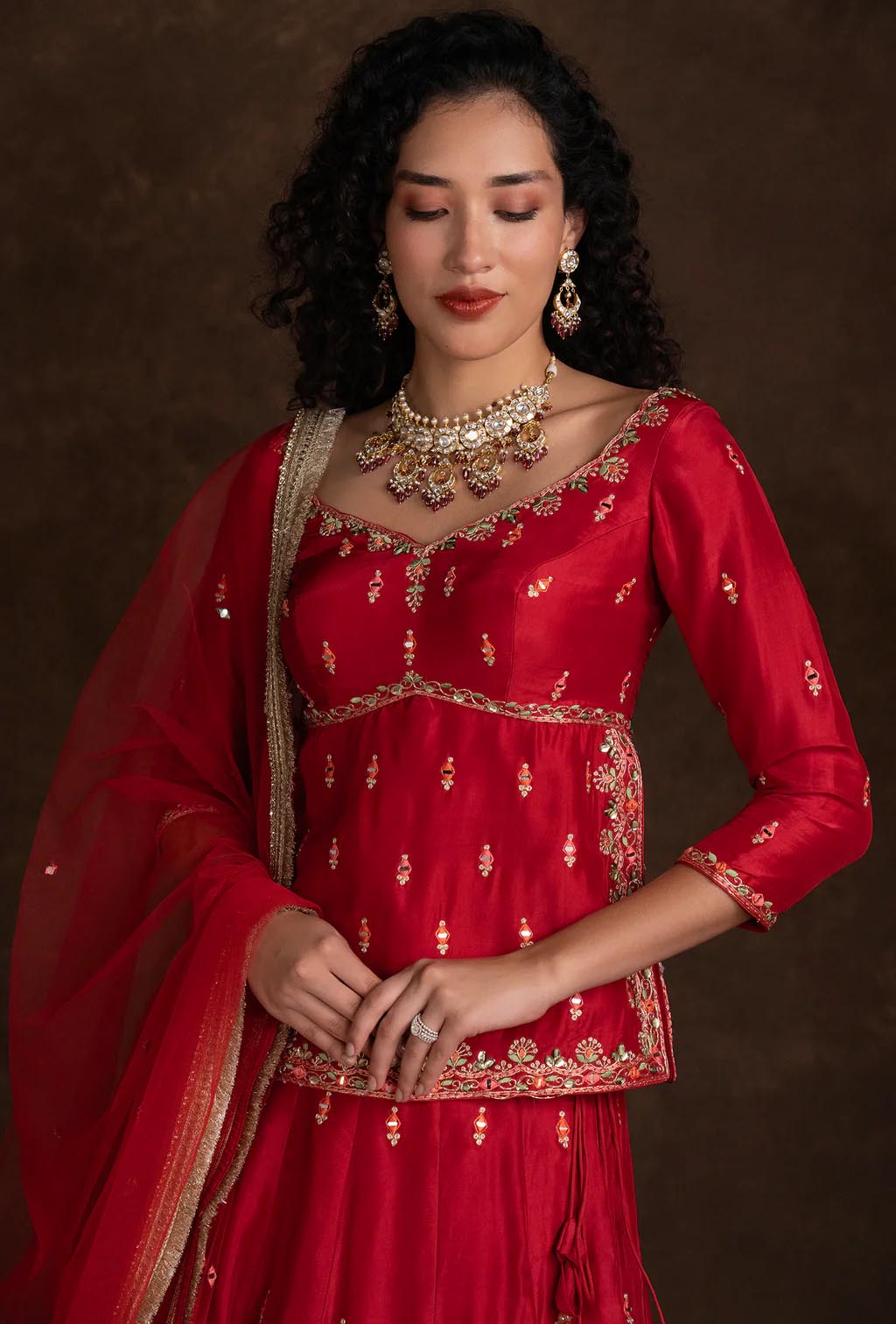 Raya Red Peplum Jacket Zariwork Lehenga Set with Net Dupatta
