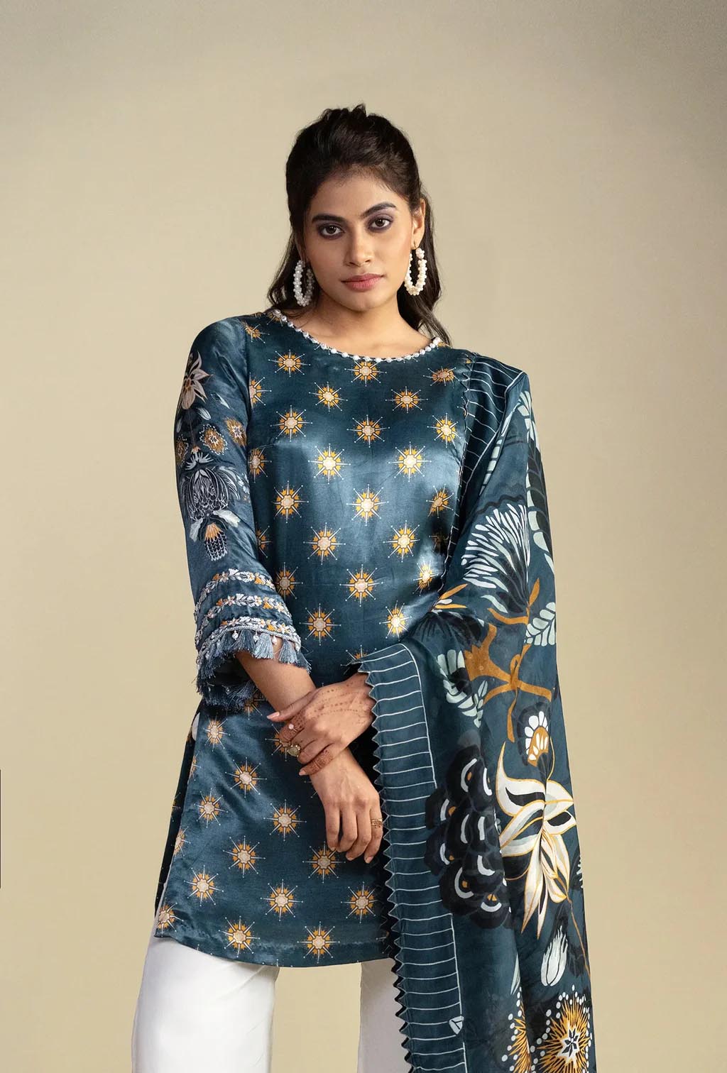 Charcoal Blue Silk Kurta with Floral Print Dupatta
