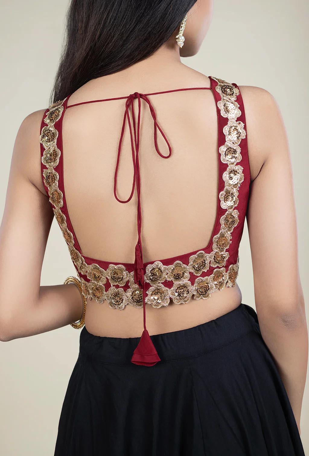 Ruby Red Silk Blouse with Golden Lacework