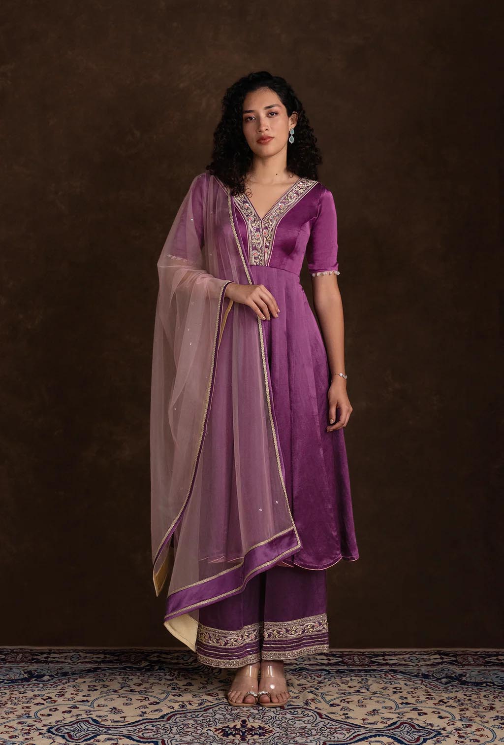 Berry Wine Plunging V-Neck Short Anarkali Set