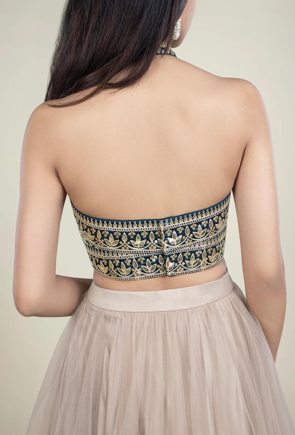 Teal Green Blouse with Golden Embroidery