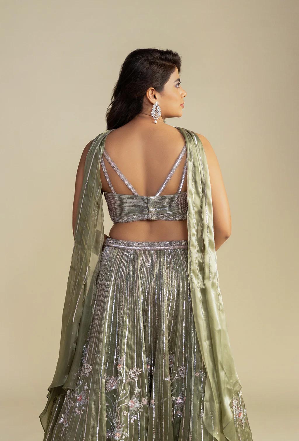 Aurum Moss Green Glass Organza Lehenga with Metallic Blouse