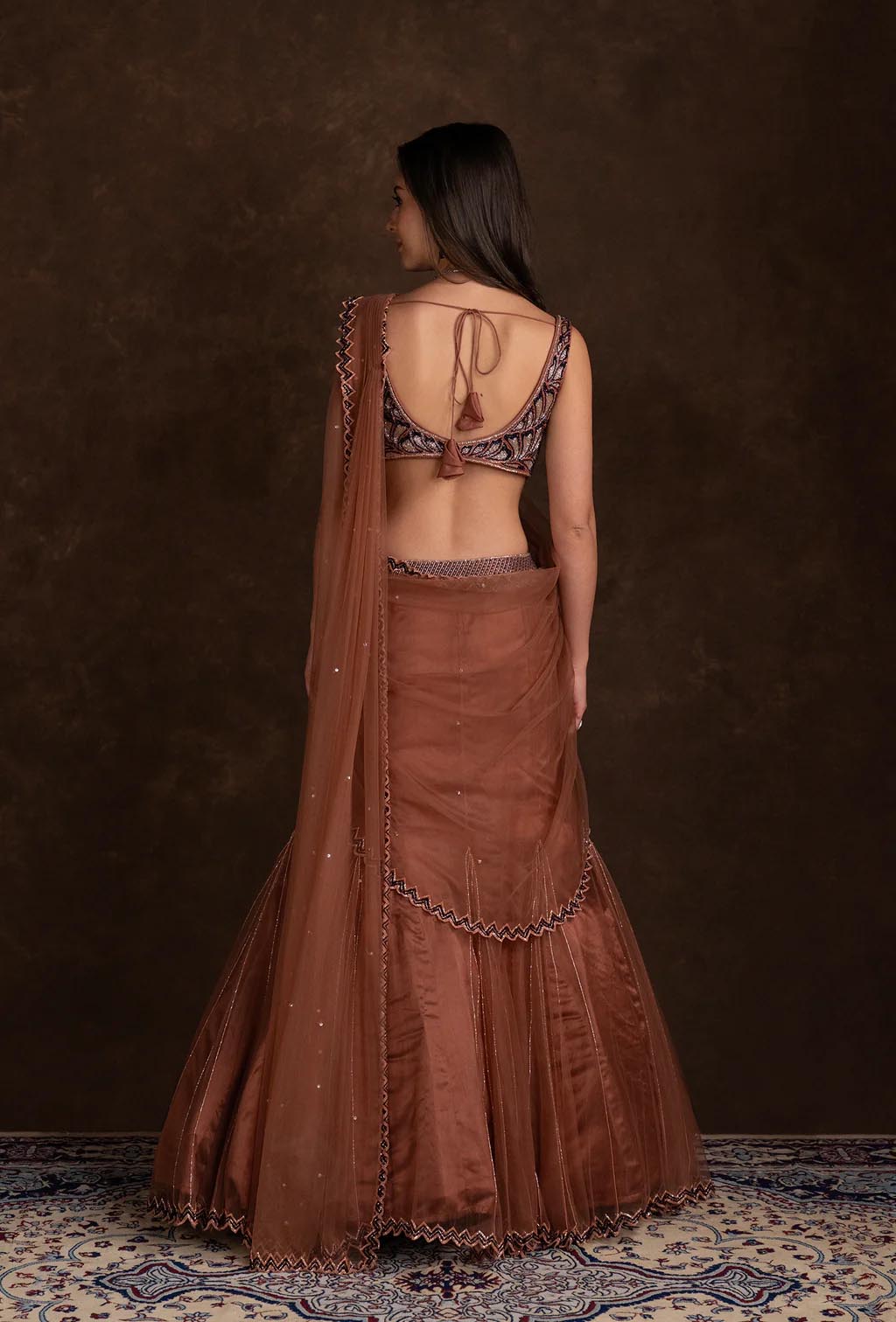 Saira Rust Red Mermaid Ruffle Lehenga Saree