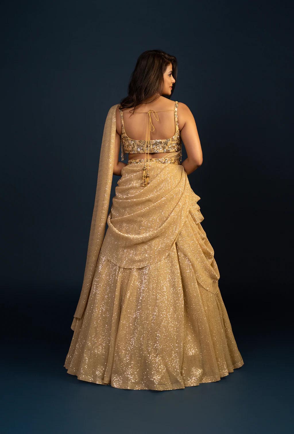 Eskimo Golden Glam Stone Work Lehenga with Sequined Attached Dupatta