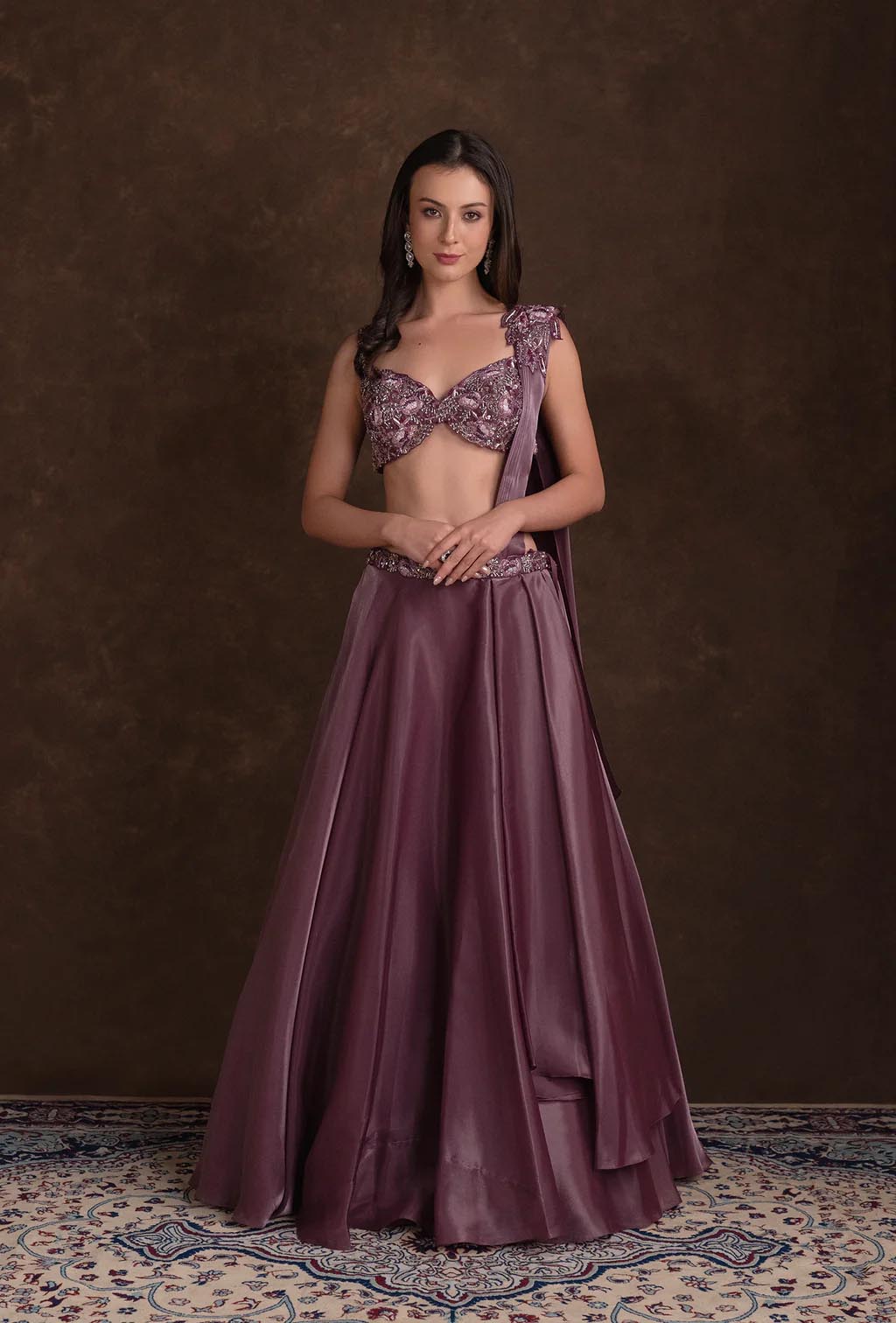 Amora Berry Wine Glass Tissue Embroidered Lehenga Set with Attached Dupatta