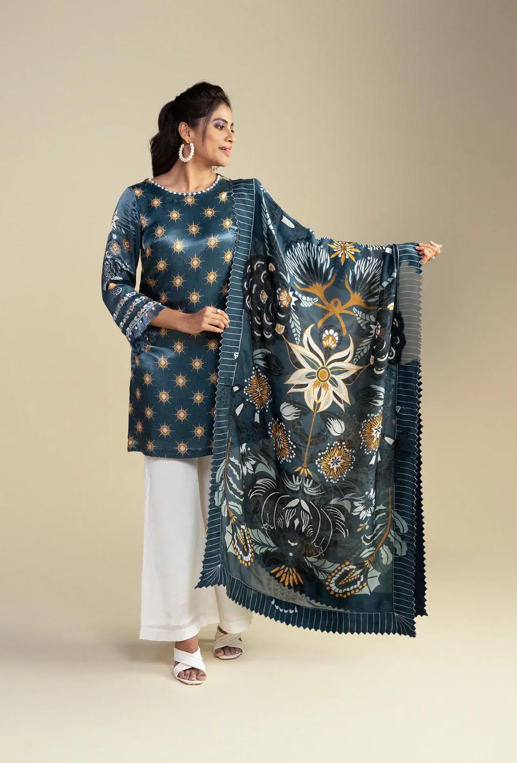 Charcoal Blue Silk Kurta with Floral Print Dupatta