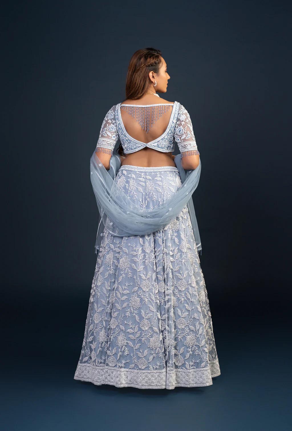 Nyra Frost Blue Floral Embroidery Lehenga Set