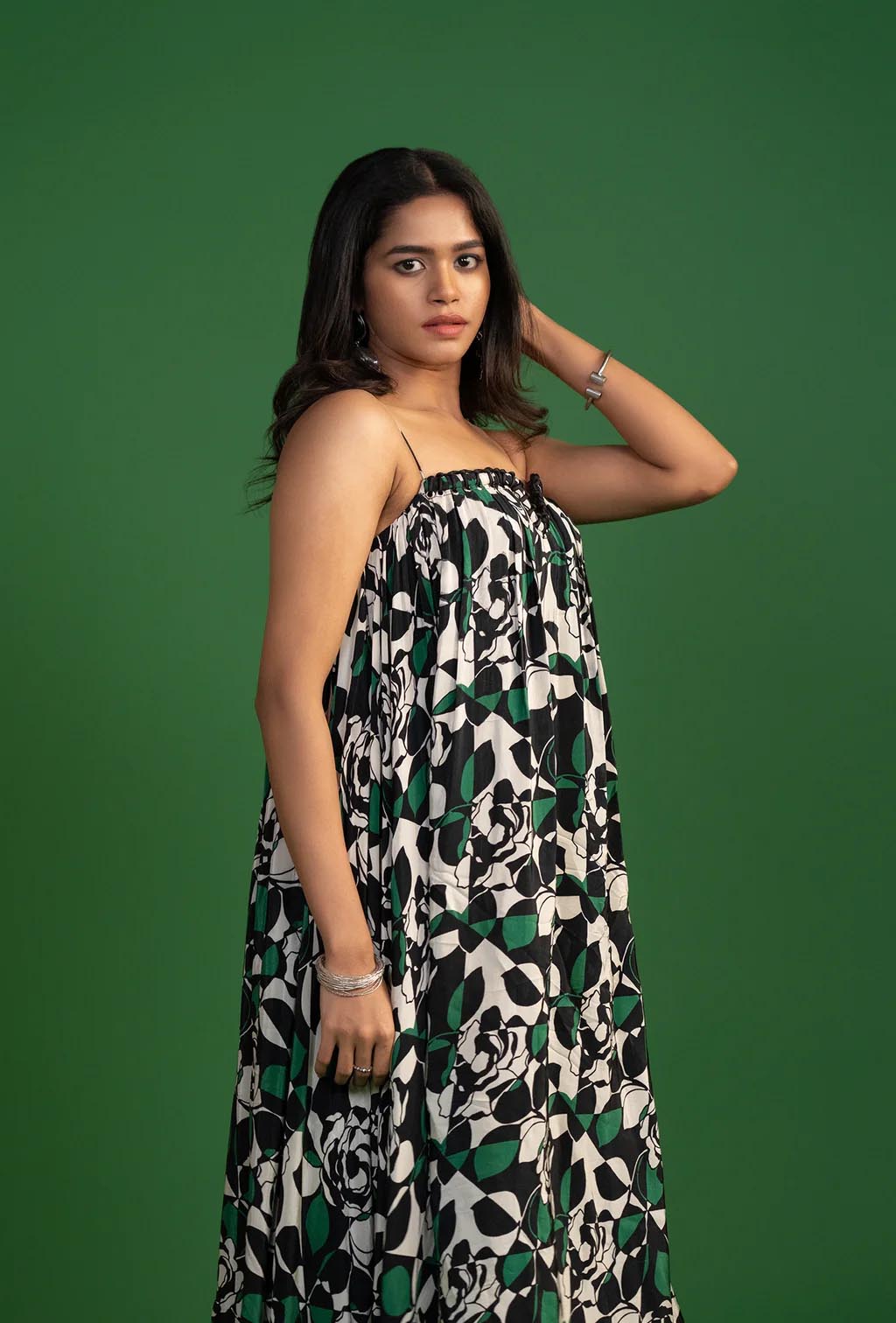 Black & Green Print Calf Length Dress