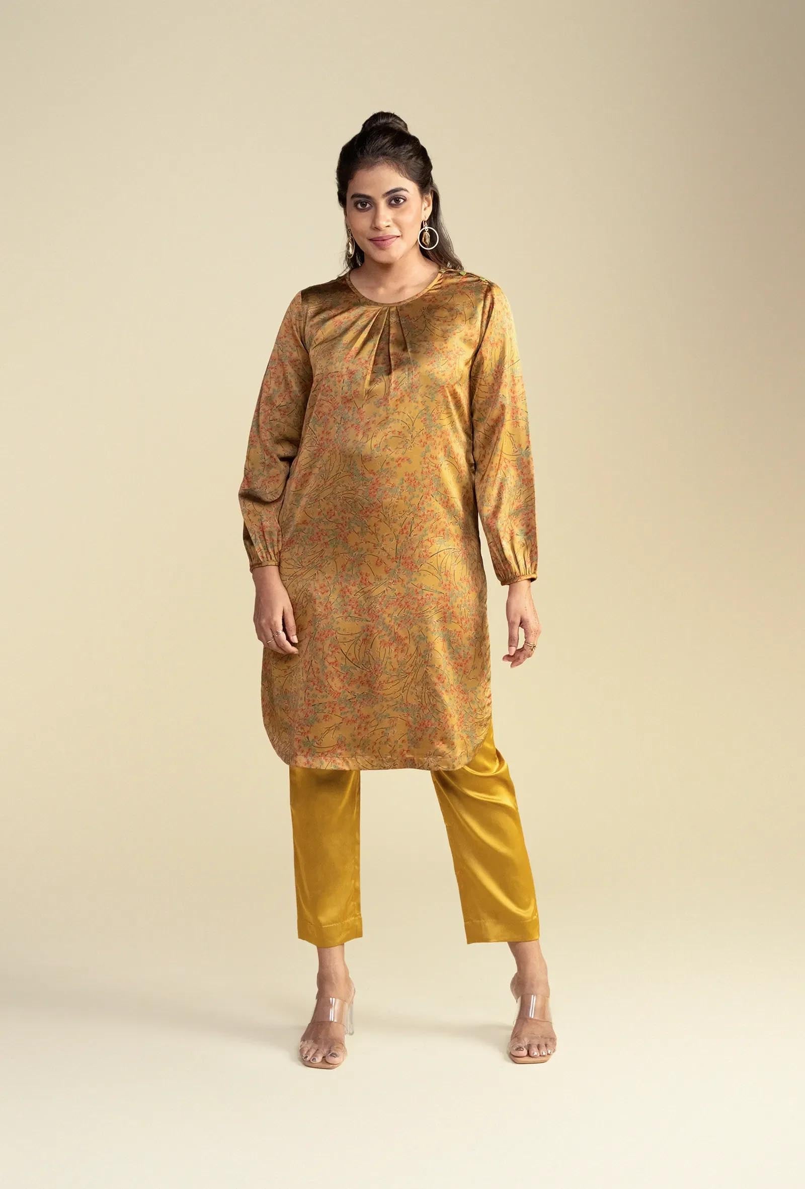 Golden Palm Crepe Satin Kurta Set