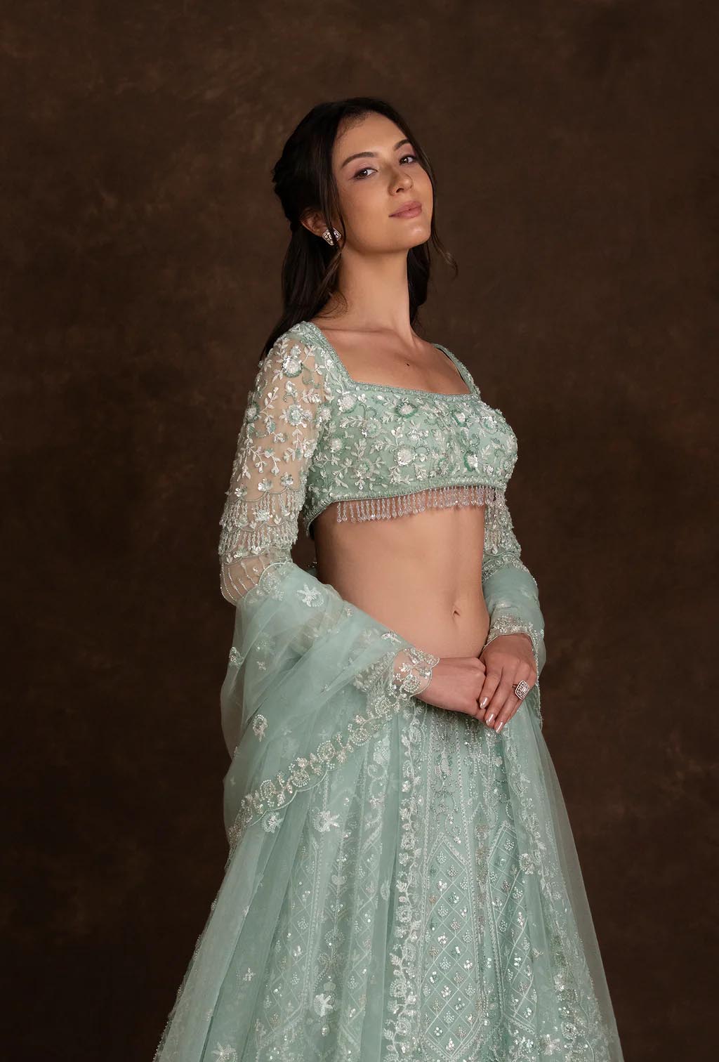 Glimmer Mint Blue Square Neck Sequined Embroidered Set