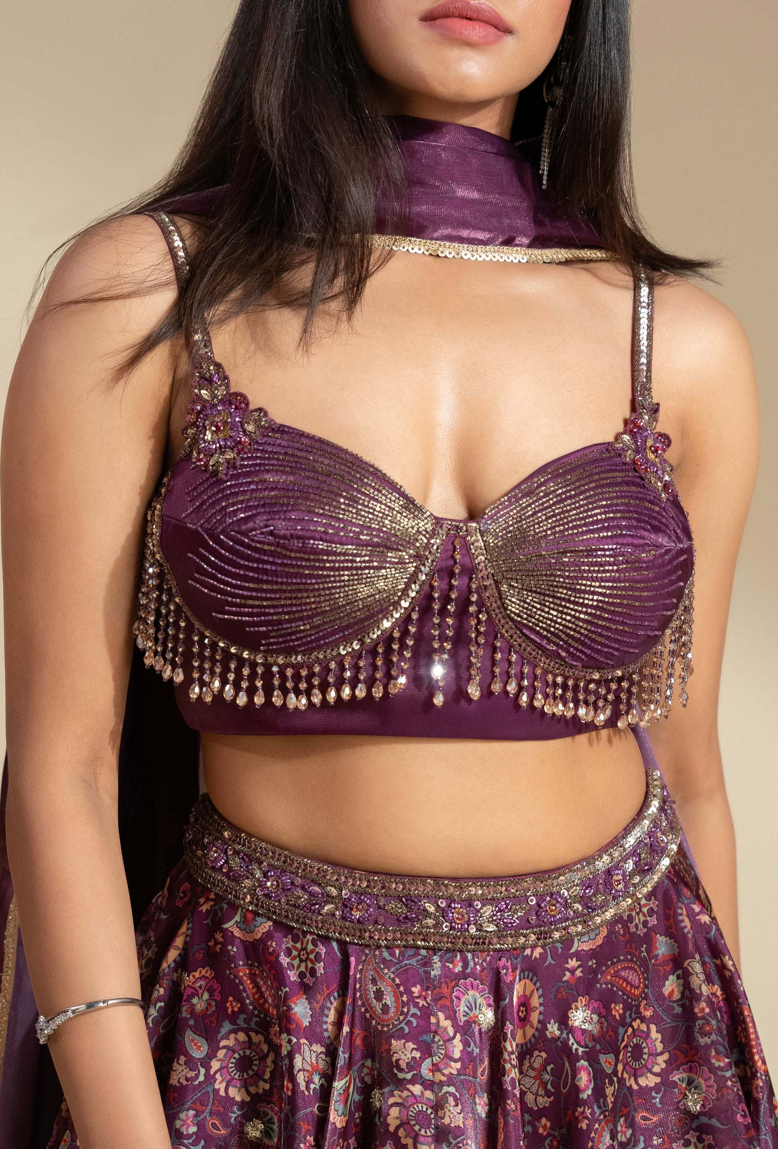 Elixir Wine Berry Glass Organza With Crystal Tassled Blouse Lehenga Set