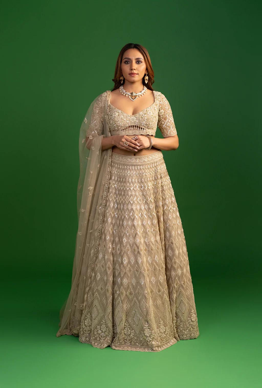 Mirage Golden Green Net Resham Work Lehenga Set