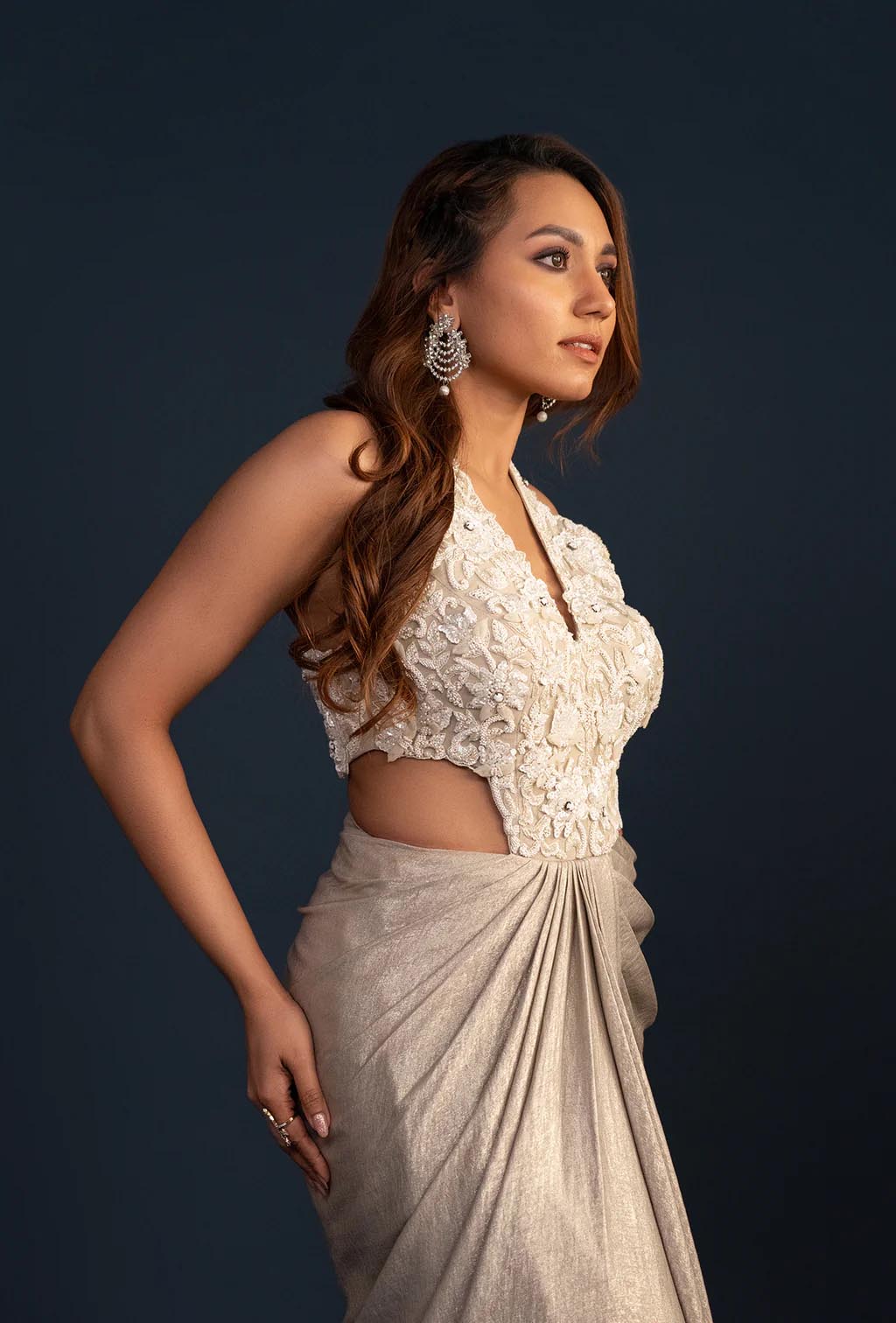 Audrey Grey Waist Cut Out Shimmer Gown