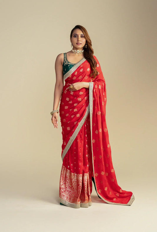 Reet Red Chinnon Buti Work Silk Saree with Emerald Green Blouse