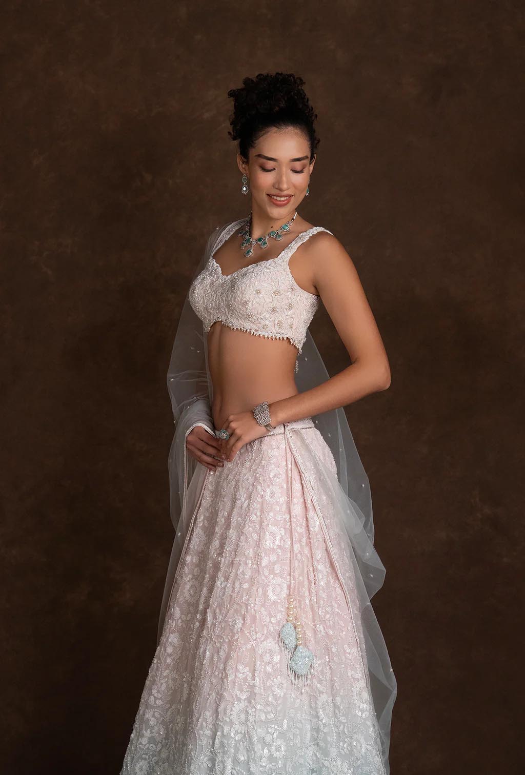 Amara Ombre Pink and Blue Crystal Embellished Lehenga Set