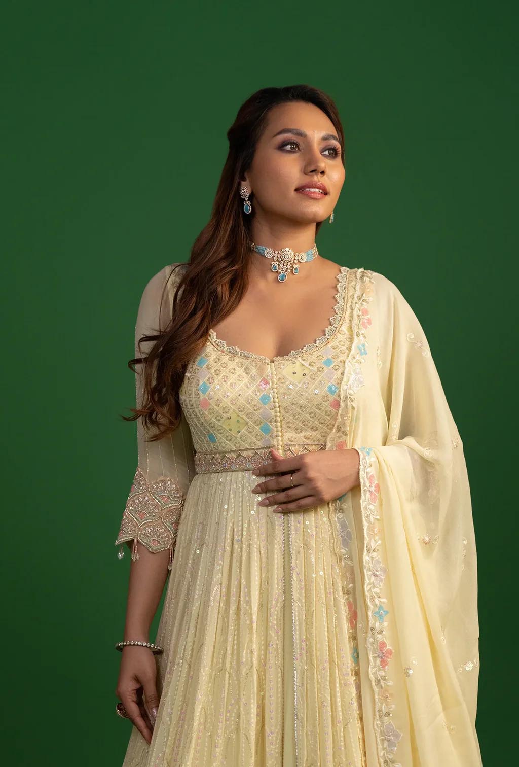 Ariana Pastel Yellow Front Slit Jacket Lehenga Set