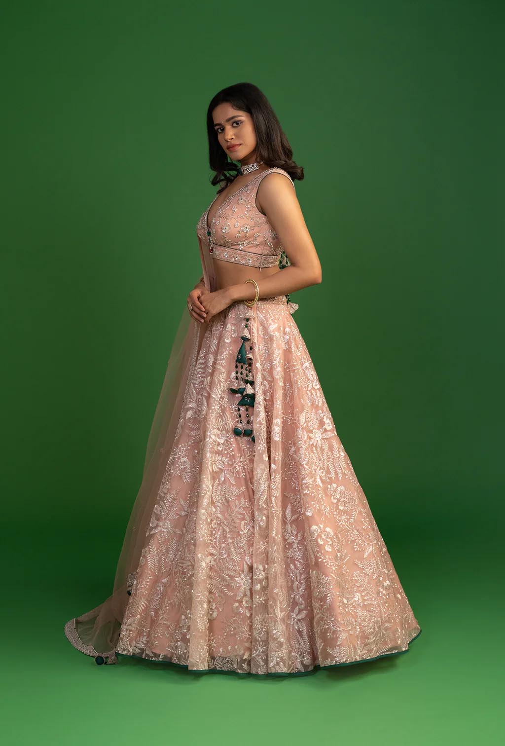 Camille Peach Embellished Cut Dana Organza Lehenga Set