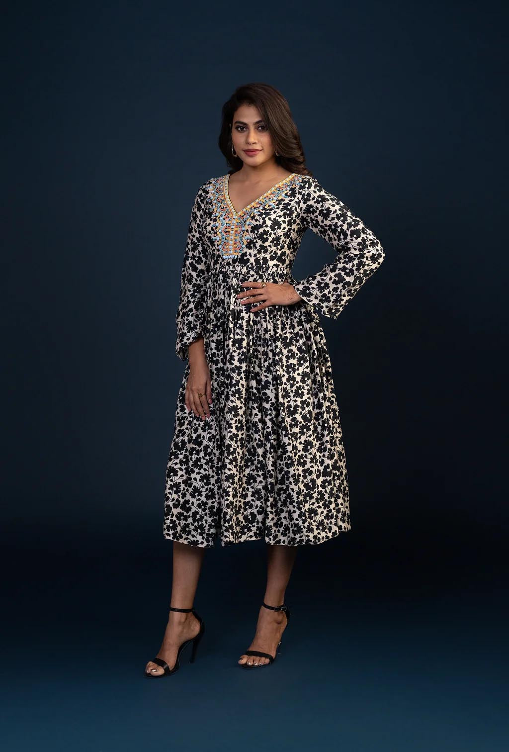 Black Floral Print Midi Dress