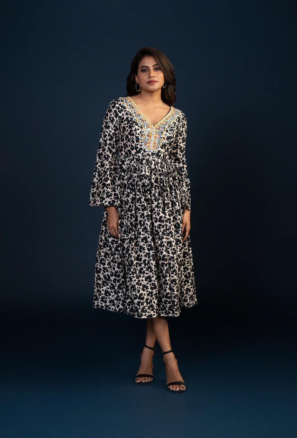 Black Floral Print Midi Dress