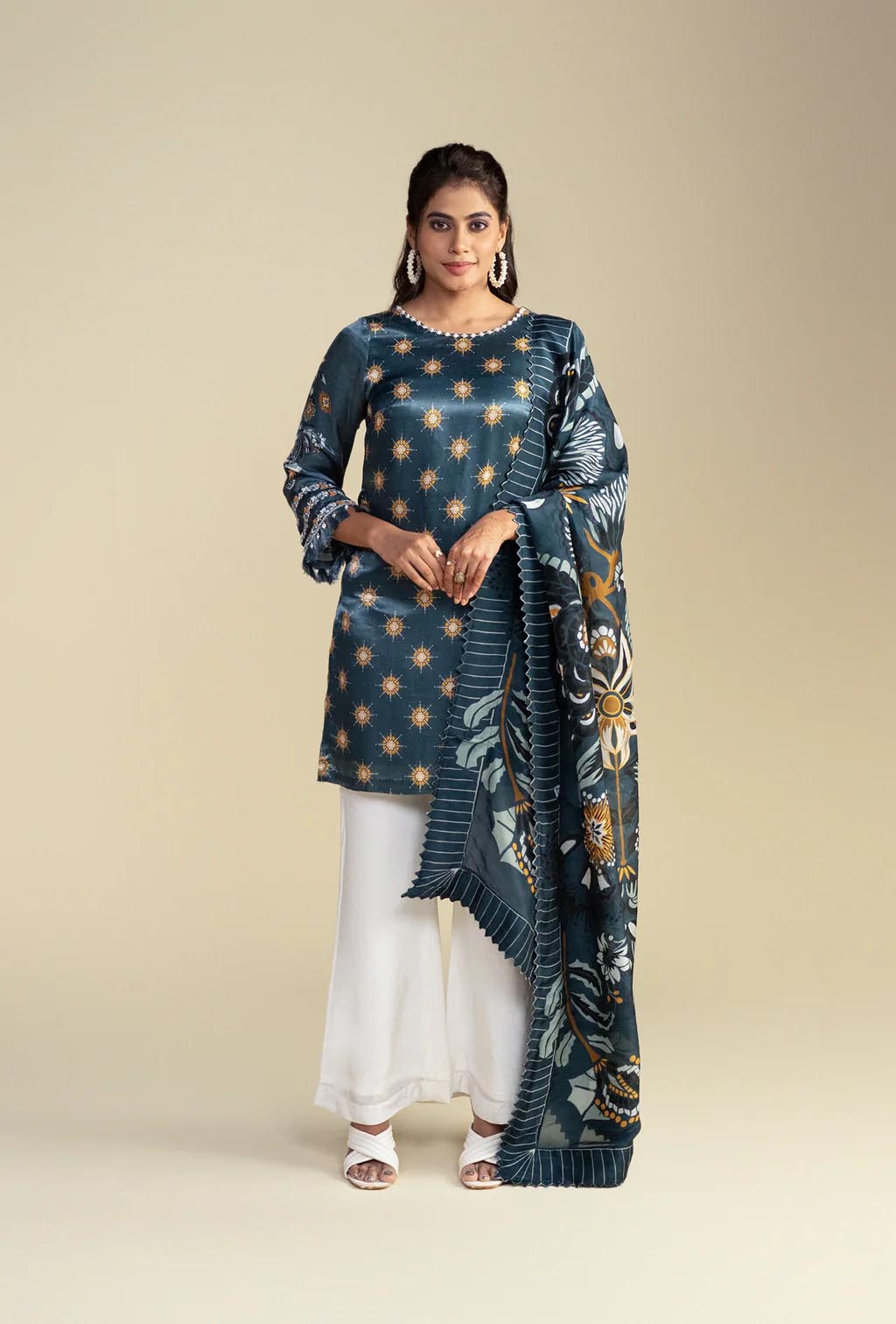 Charcoal Blue Silk Kurta with Floral Print Dupatta