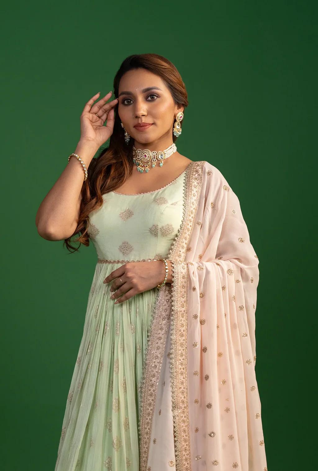 Pista Green Anarkali With Pink Dupatta