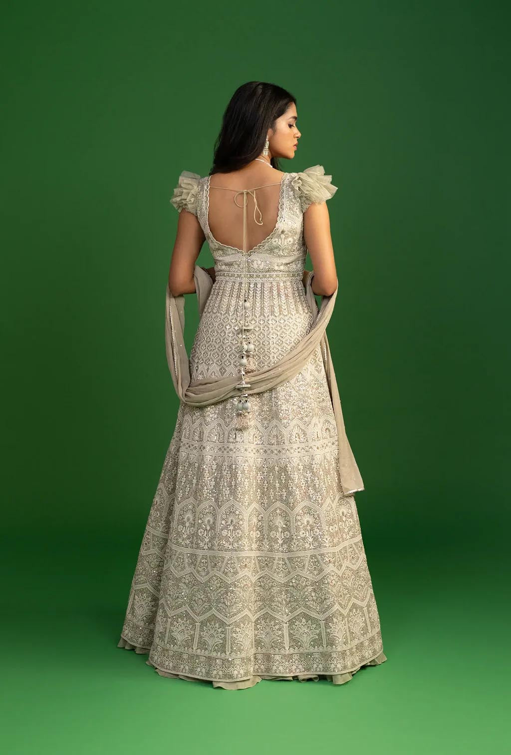 Imperial Moss Green Sheer Embroidered Front Slit Jacket Lehenga Set