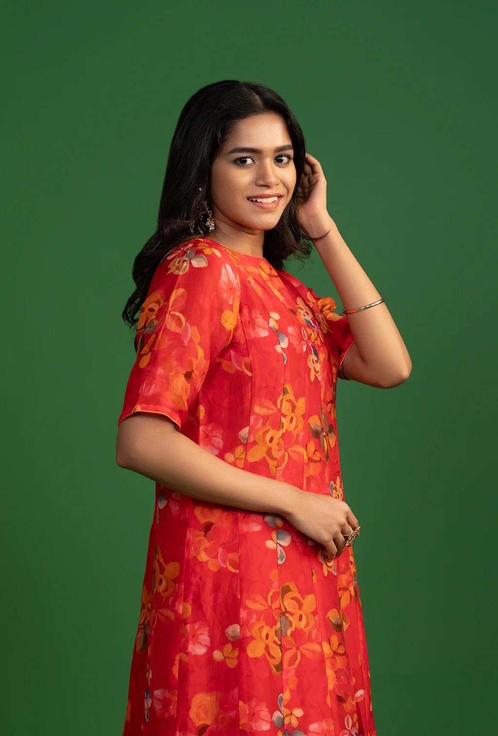 Coral Red & Orange Floral Print Kurta Set