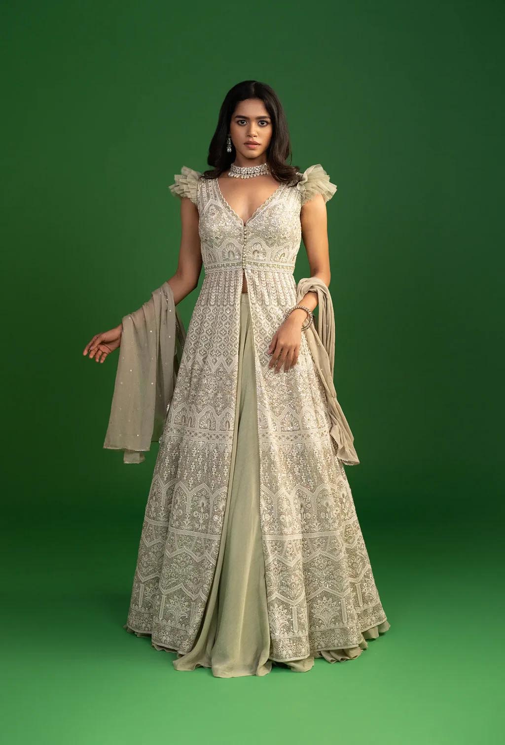 Imperial Moss Green Sheer Embroidered Front Slit Jacket Lehenga Set