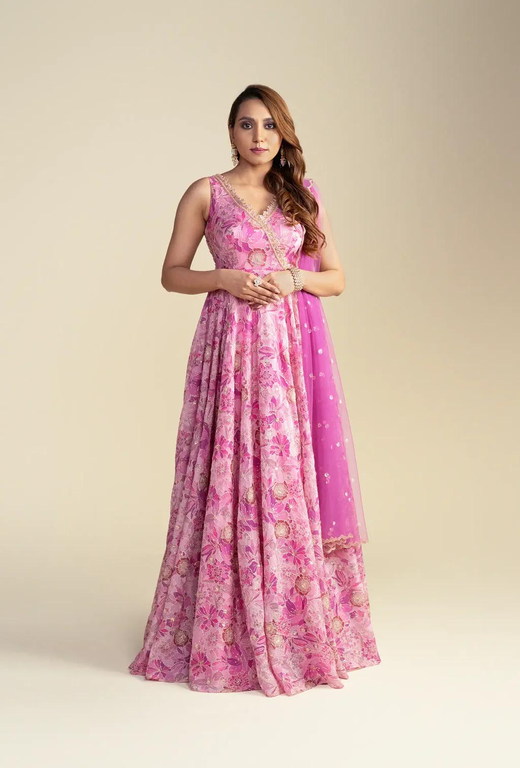 Pink Floral V-Neck Anarkali Set