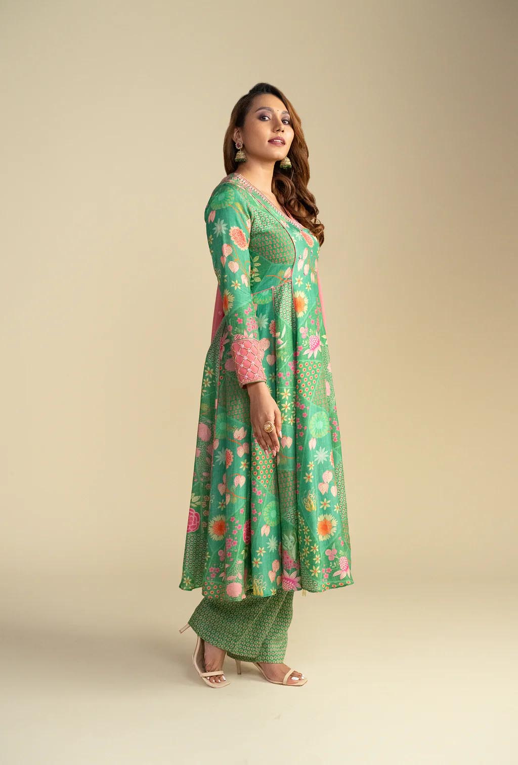Green Floral Print Anarkali With Pink Dupatta