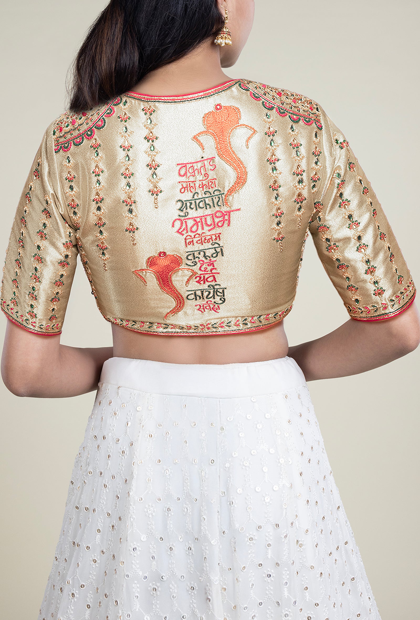 Ganesha-Inspired Light Gold Sweetheart Neck Tissue Blouse