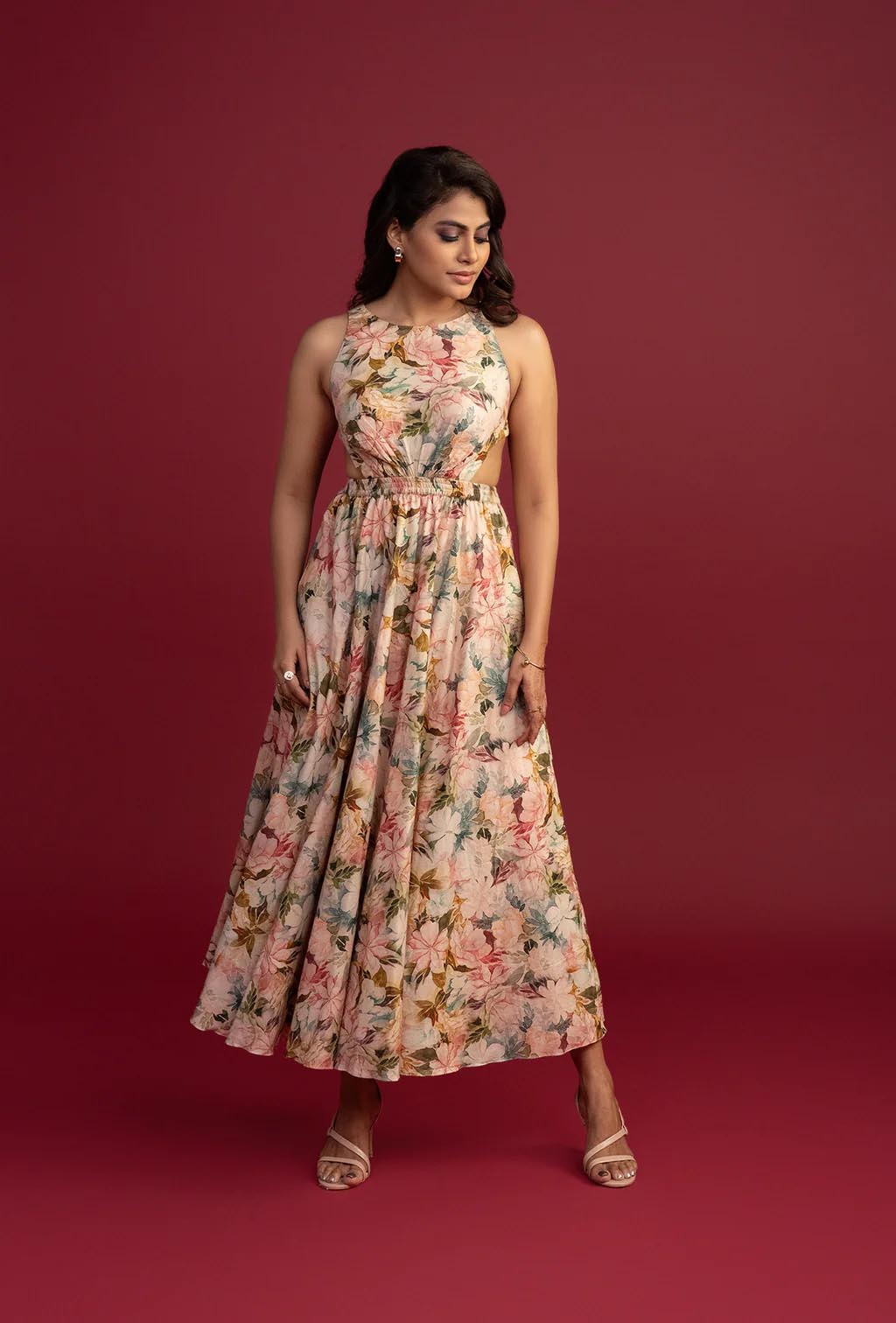 Cream Waist Slit Backless Midi Dress