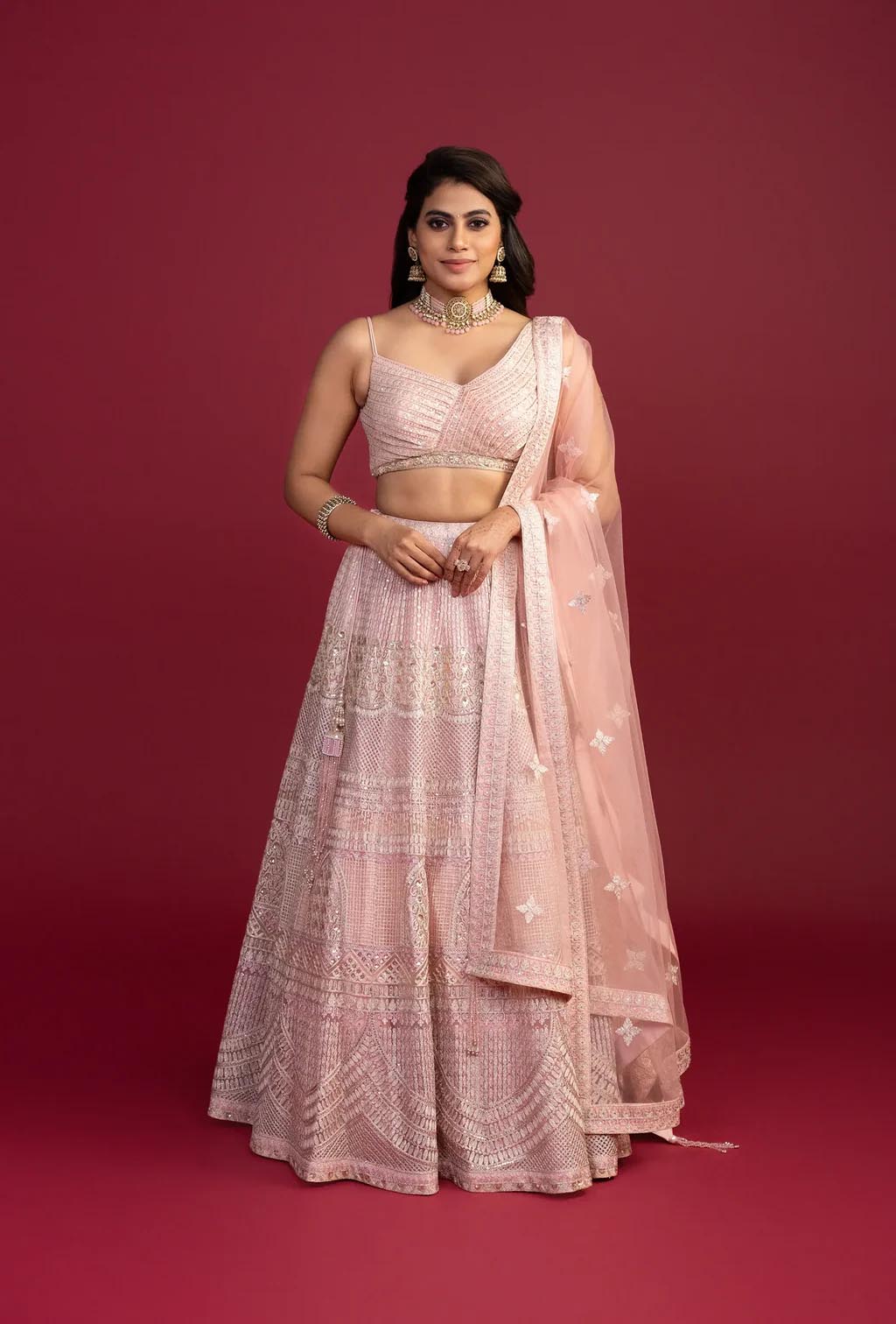 Daphne Pink Net Dupatta With Zardozi And Resham Work Lehenga Set